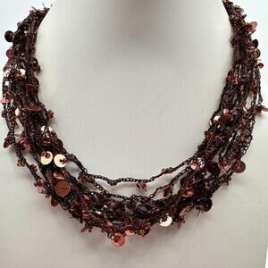 Vintage 90s Boho Multi-Strand Crochet Necklace Brown Amber Beaded Copper Sequins